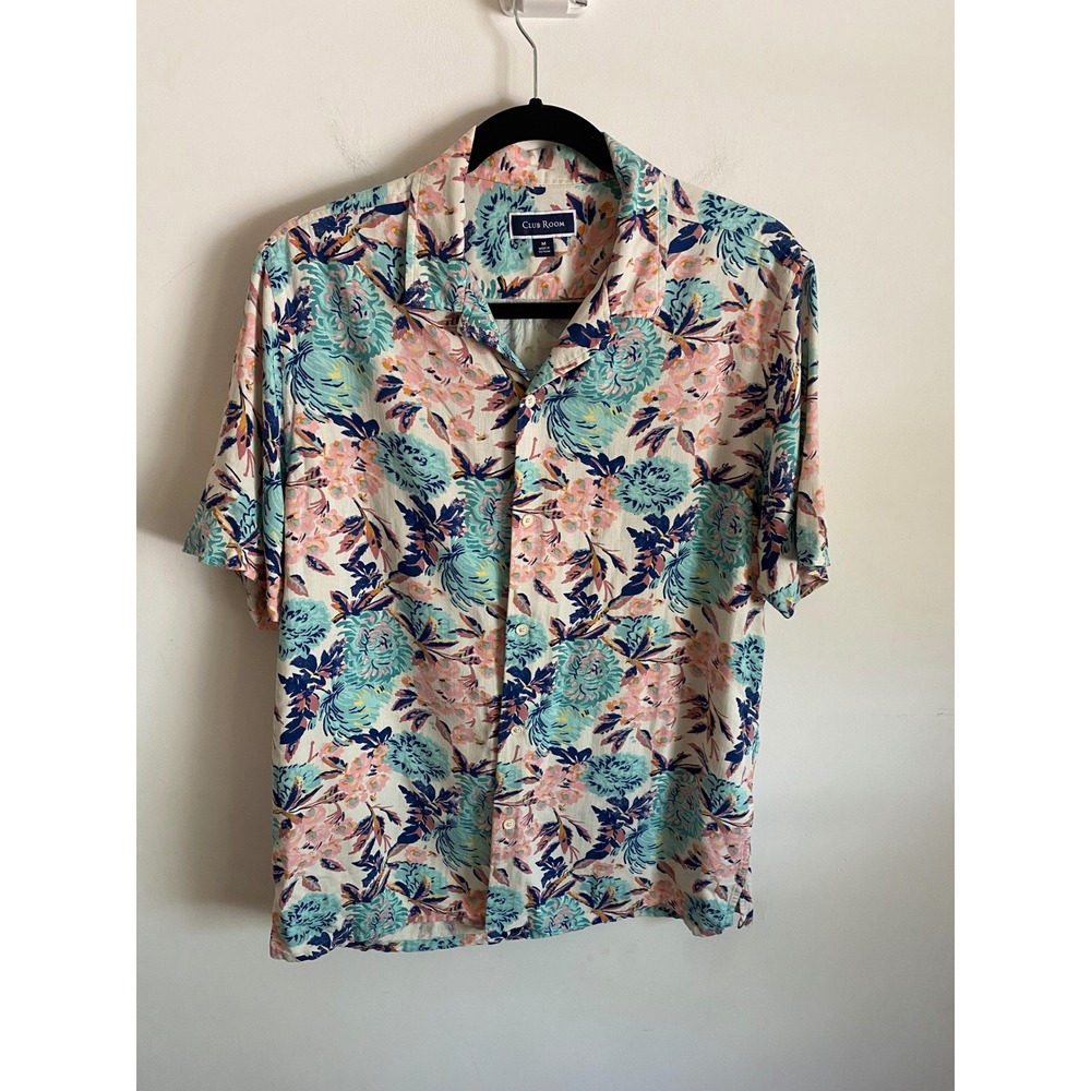 Club Room Mens Medium Floral Short Sleeve Button‎ Down Shirt Teal Pink Tropical